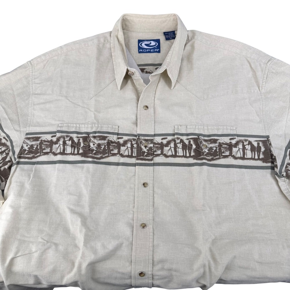 Roper Mens XL Tan Cotton Western Pearl Snap Shirt Scenic Graphic Horse Print
